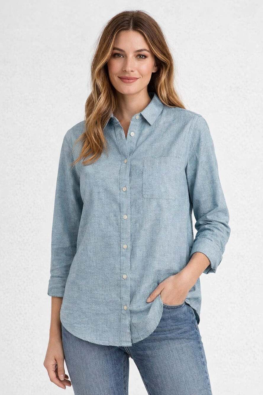 Women's Light Green-Blue Button-Front Flannel Shirt - Casual Relaxed Fit